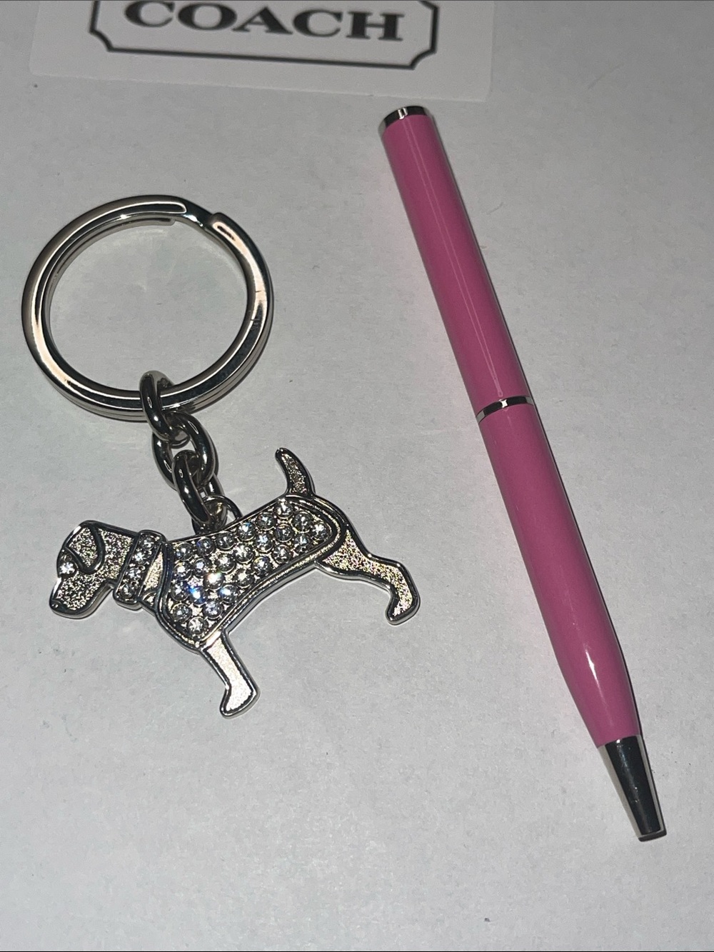 COACH Silver Crystal Dog Keychain Charm and Pink Coach Pen